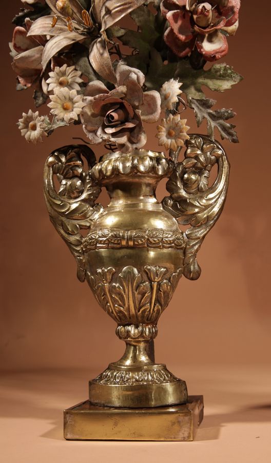 Antique  Very Decorative Italian Toleware And Brass Flower Vases, Circa 1850-70