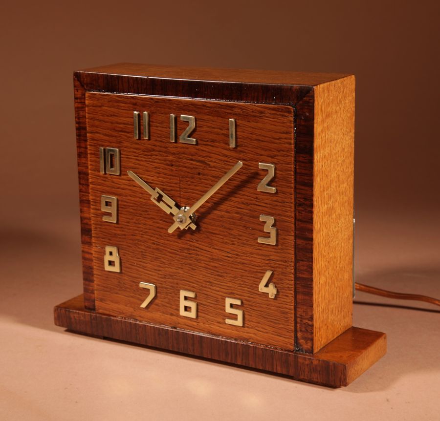 Antique Amsterdam school Art deco Early Electrical Oak And Rosewood Mantel Clock Circa 1920-40 