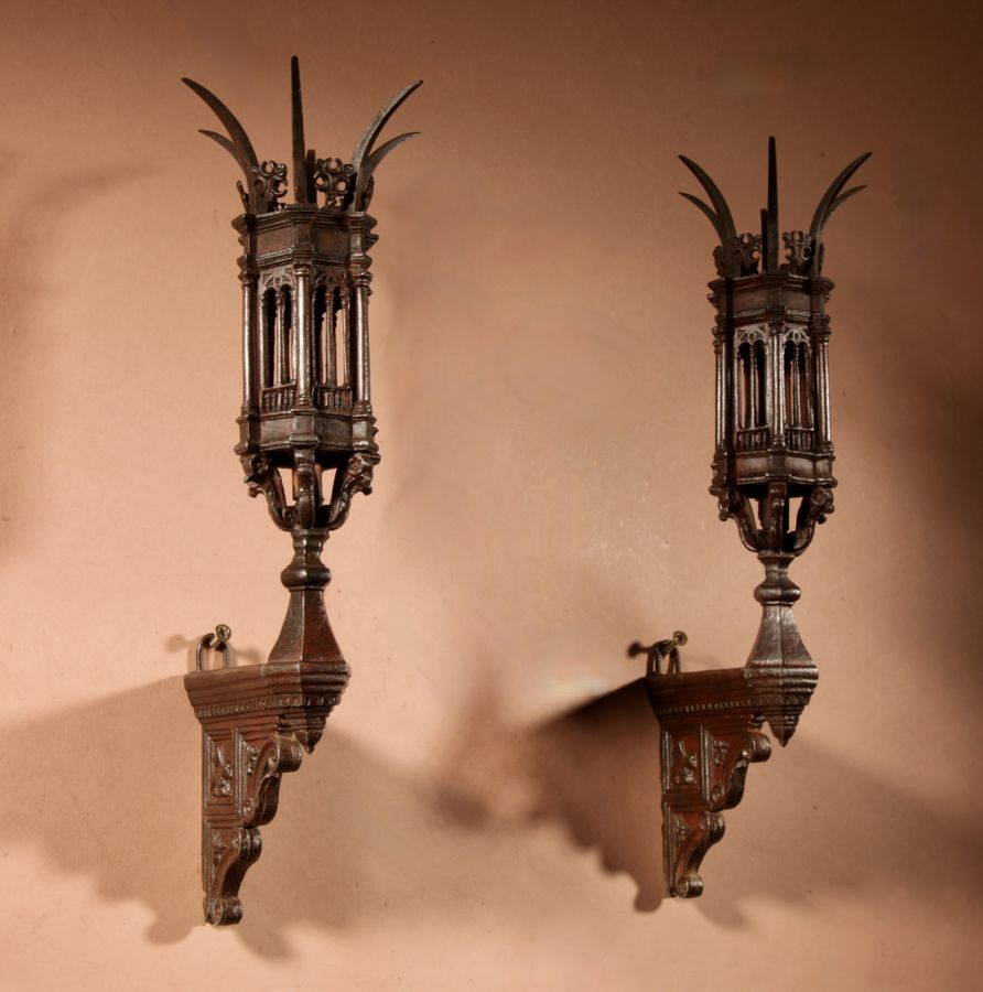 Antique Interesting Very Fine Cast Pair Of Small White Metal God Lamps / Lanterns