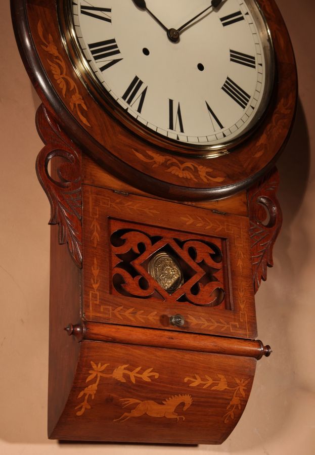 Antique  Equestrian Interest American/German Walnut Drop Dial Wall Clock Circa 1900.