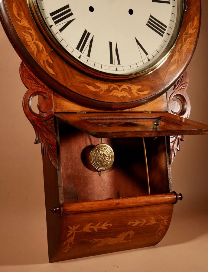 Antique  Equestrian Interest American/German Walnut Drop Dial Wall Clock Circa 1900.