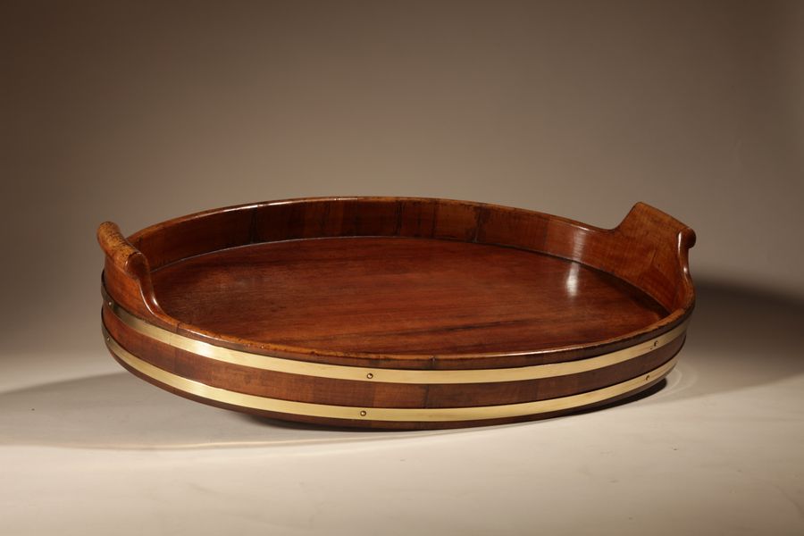 Antique A Very Decorative and Useful Large Original Oval Mahogany Coopered Tray.