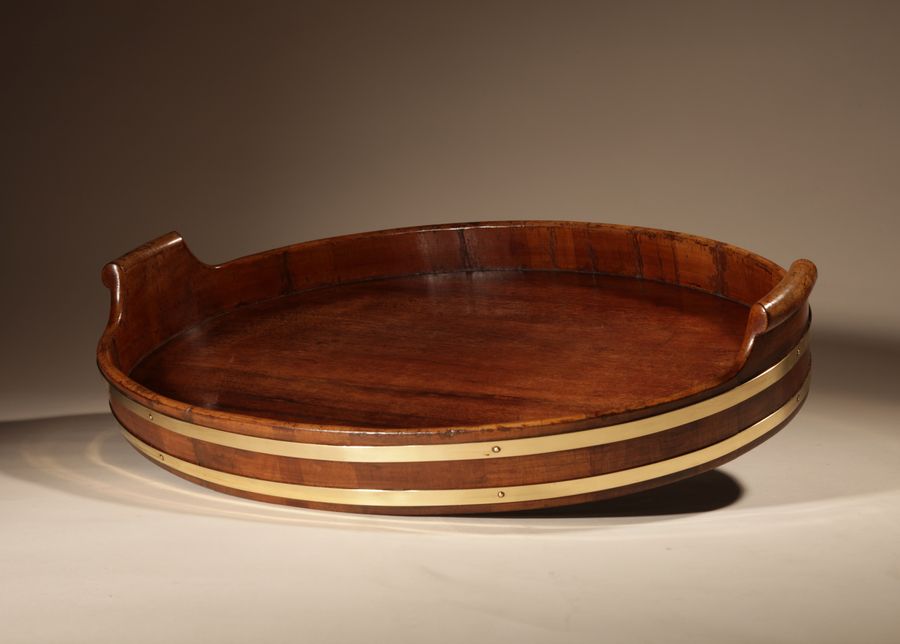 Antique A Very Decorative and Useful Large Original Oval Mahogany Coopered Tray.