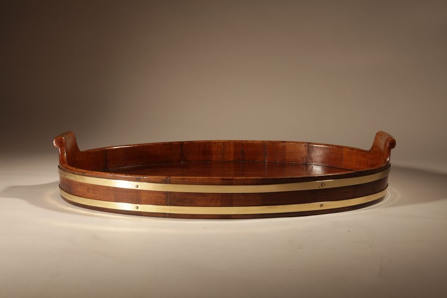 Antique A Very Decorative and Useful Large Original Oval Mahogany Coopered Tray.