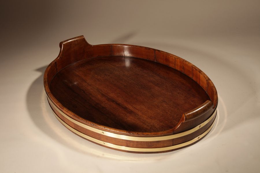 Antique A Very Decorative and Useful Large Original Oval Mahogany Coopered Tray.