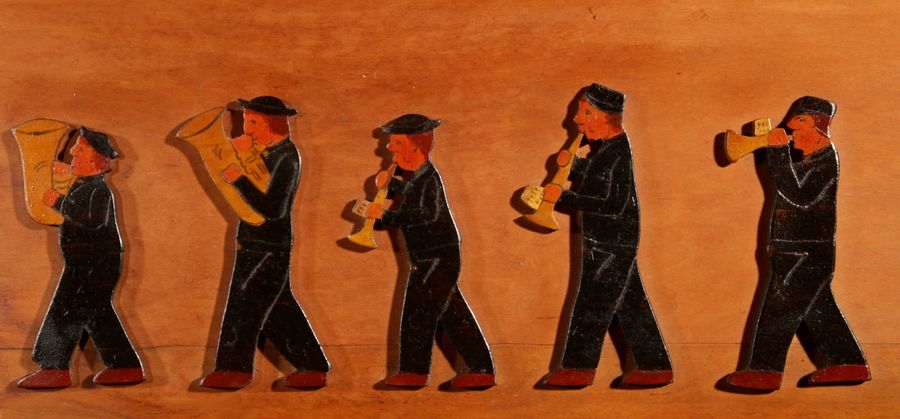 Antique Amusing Dutch Brassband/Fanfare Type Of Jigsaw Woodwork Relief Painting.