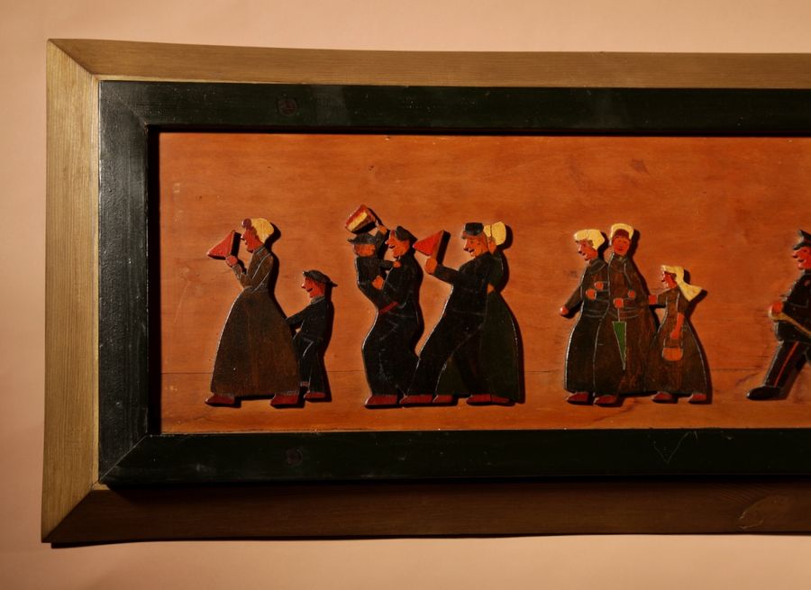 Antique Amusing Dutch Brassband/Fanfare Type Of Jigsaw Woodwork Relief Painting.