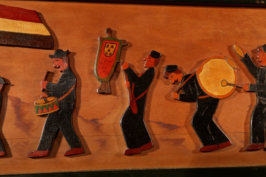 Antique Amusing Dutch Brassband/Fanfare Type Of Jigsaw Woodwork Relief Painting.