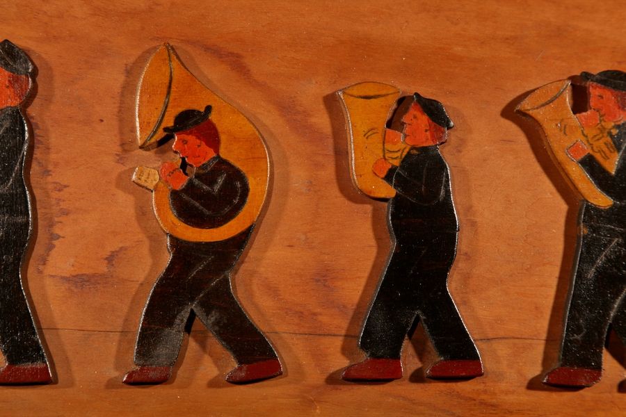 Antique Amusing Dutch Brassband/Fanfare Type Of Jigsaw Woodwork Relief Painting.