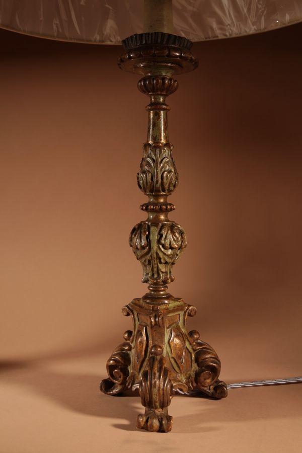 Antique  Interesting Pair Of Italian Carved Wood With Original Polychrome Table Lamps.