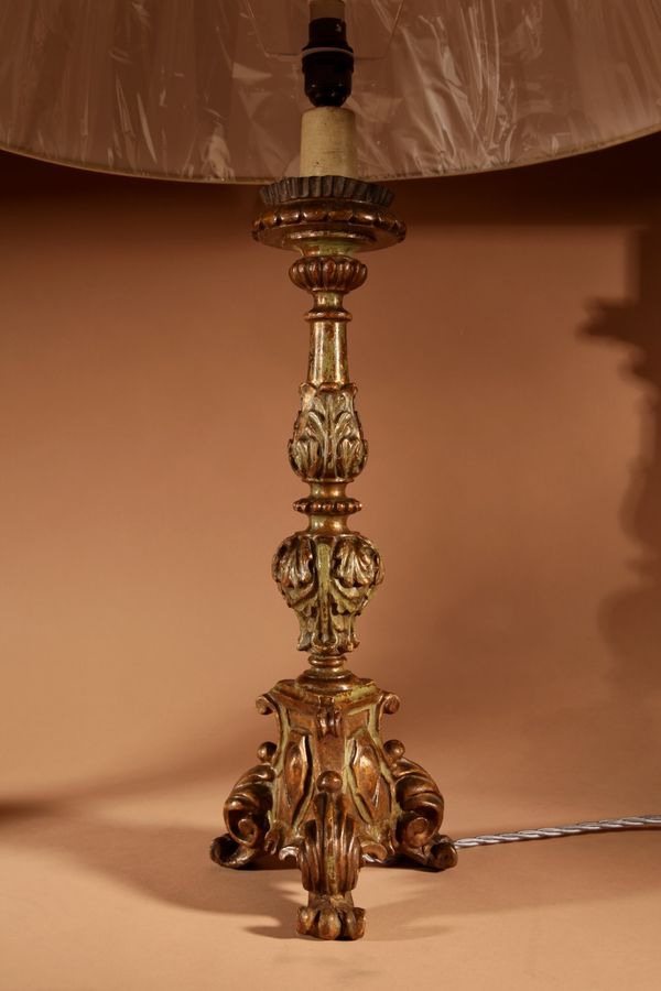 Antique  Interesting Pair Of Italian Carved Wood With Original Polychrome Table Lamps.