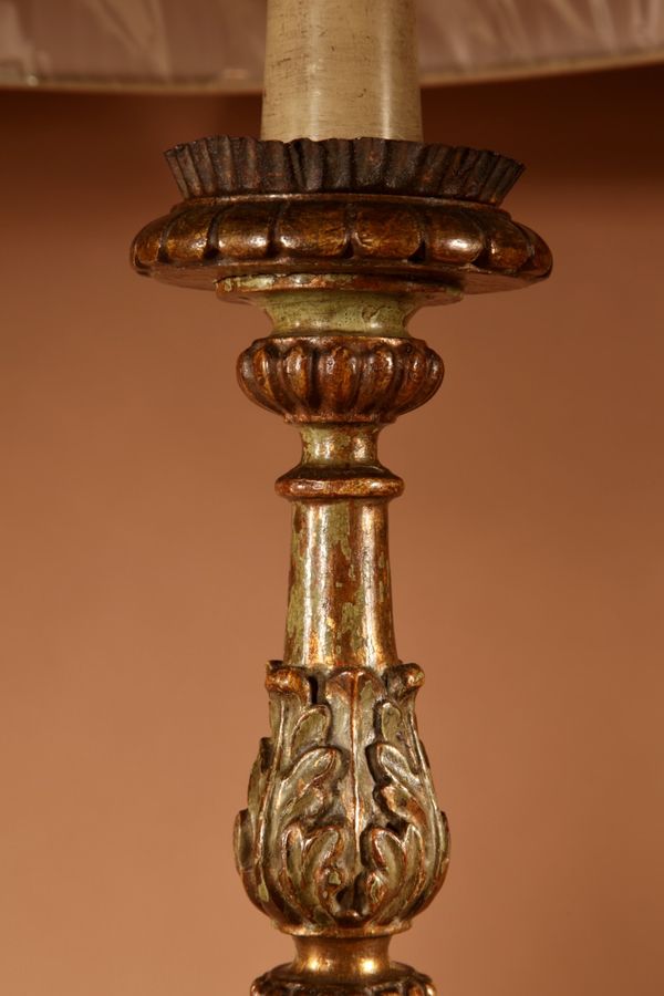 Antique  Interesting Pair Of Italian Carved Wood With Original Polychrome Table Lamps.