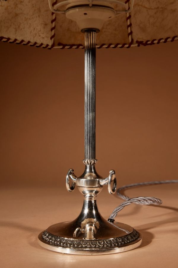 Antique  Art Deco Polished white Metal and parchment leather Table Lamp circa 1920-40.