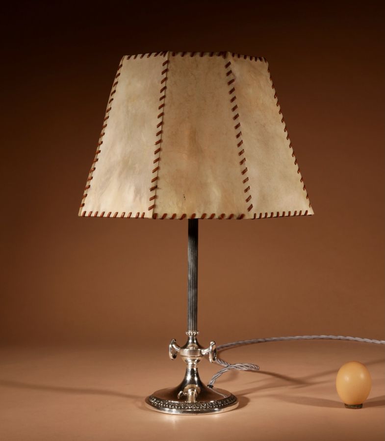 Antique  Art Deco Polished white Metal and parchment leather Table Lamp circa 1920-40.