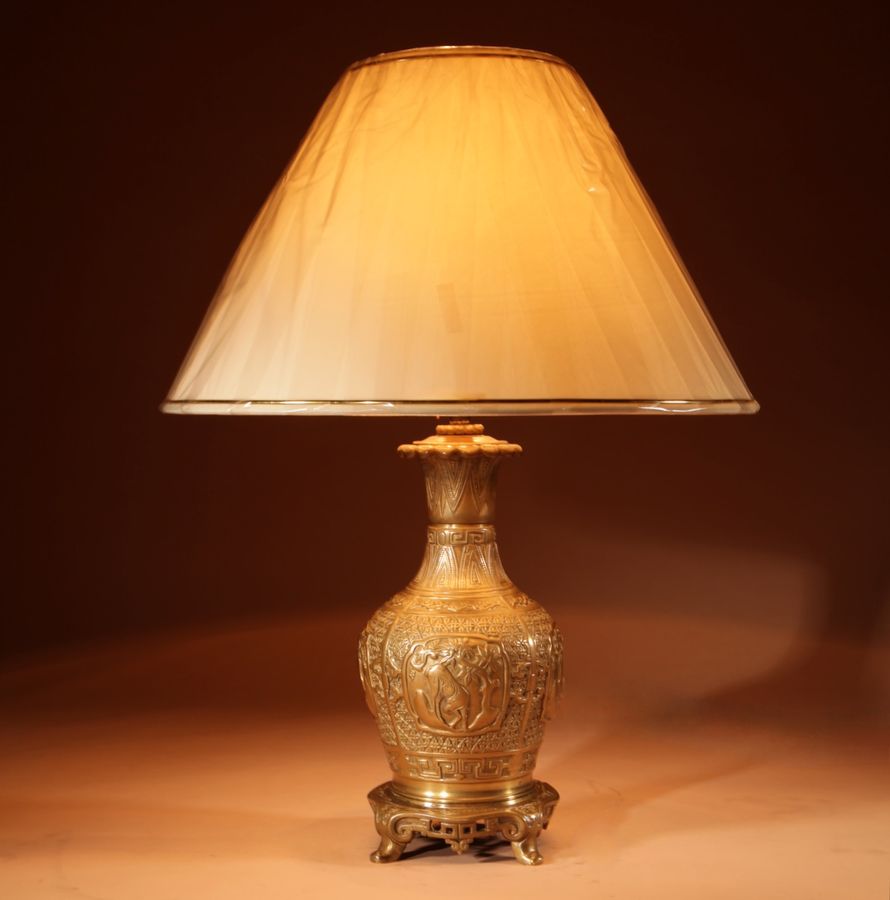 Antique Interesting Chinese Brass Table Lamp Circa 1900-20