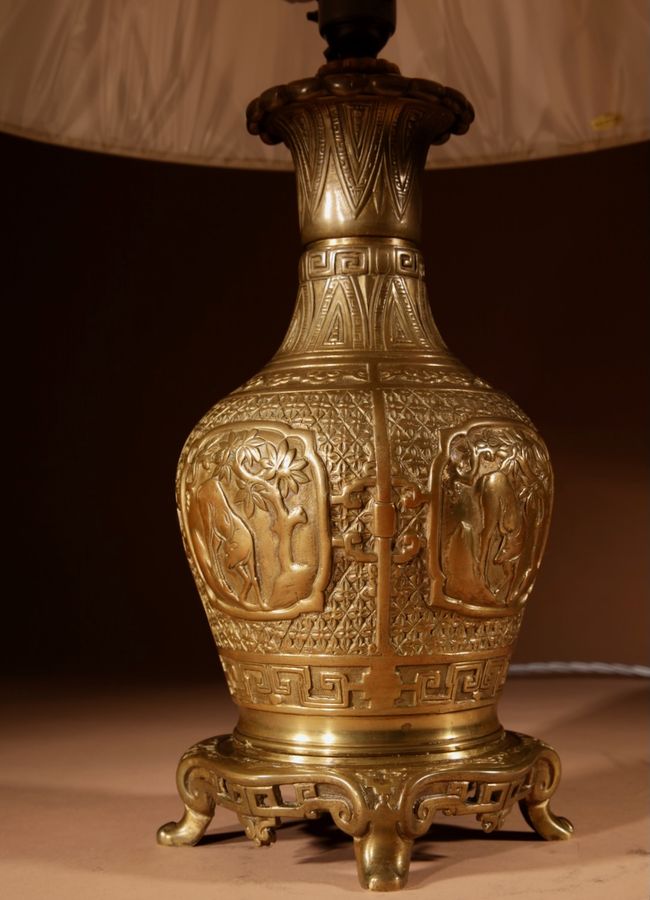 Antique Interesting Chinese Brass Table Lamp Circa 1900-20