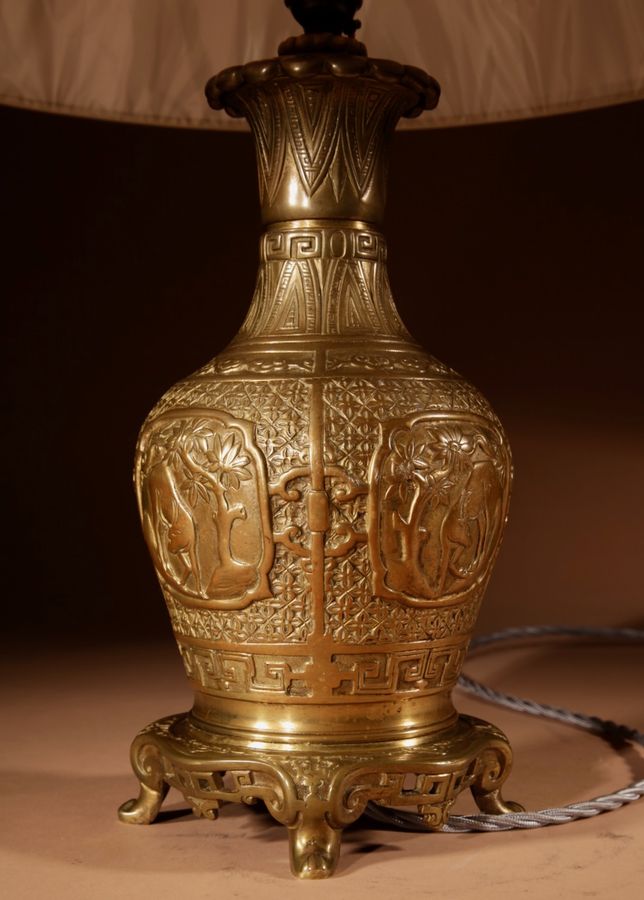 Antique Interesting Chinese Brass Table Lamp Circa 1900-20