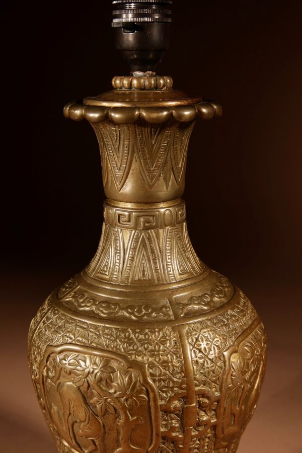 Antique Interesting Chinese Brass Table Lamp Circa 1900-20