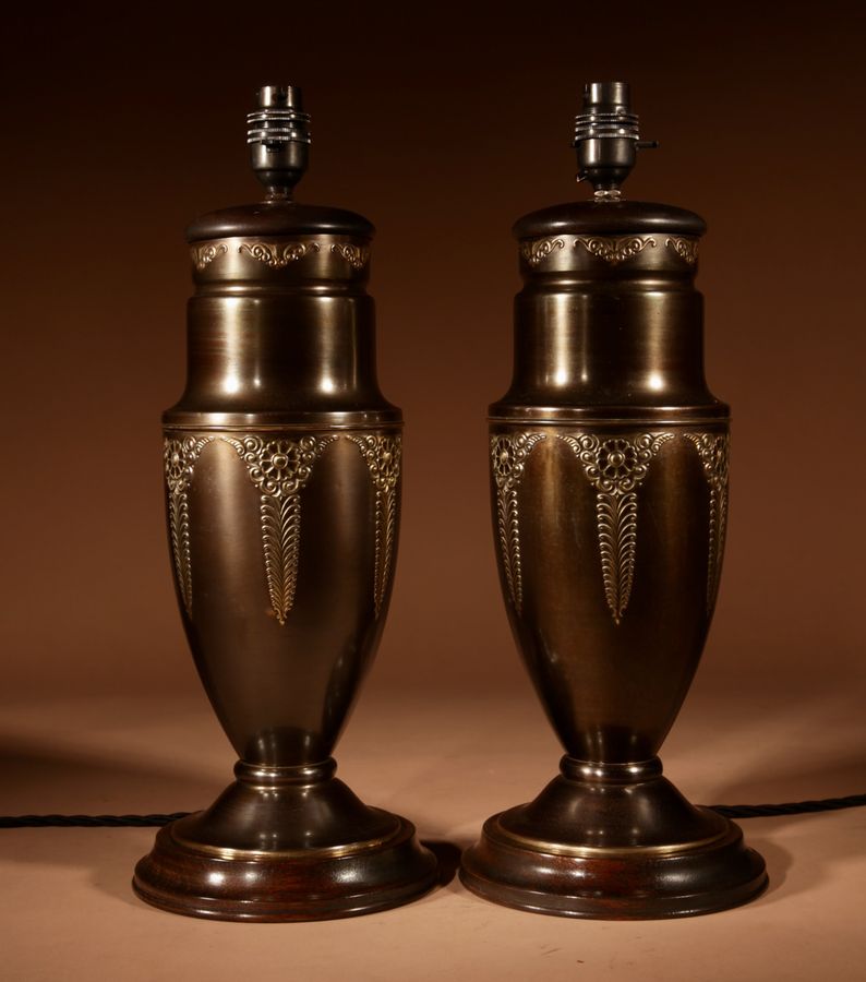 Antique Dutch Art Nouveau / Art Deco Very Stylish Original Patinated And Polished Brass Table Lamps.