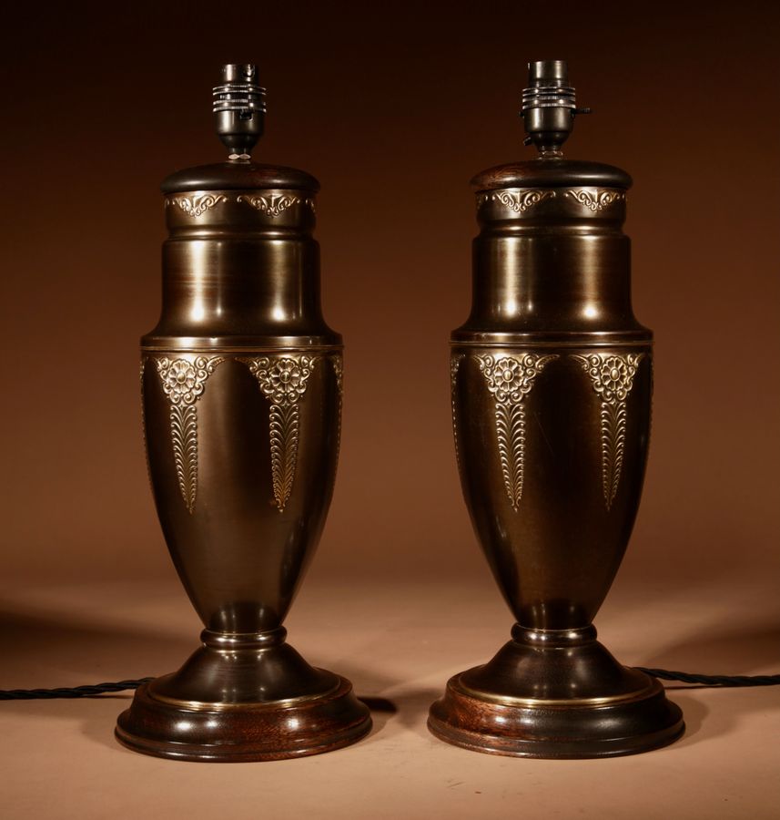 Antique Dutch Art Nouveau / Art Deco Very Stylish Original Patinated And Polished Brass Table Lamps.