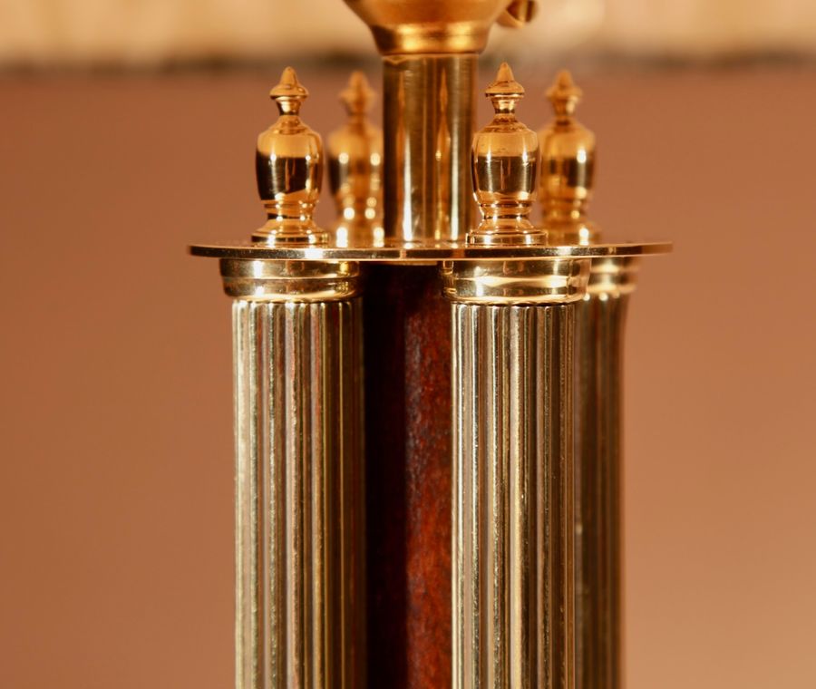 Antique  Classical 4 Columns Brass And mahogany Beautiful Pair of Table Lamps.