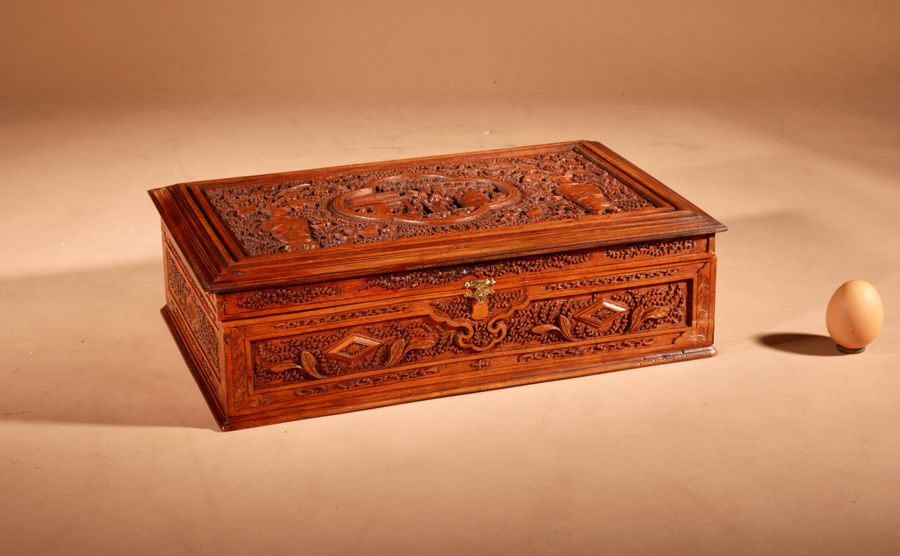 Chinese Canton Large Very Fine Carved Wooden Box Circa 1900