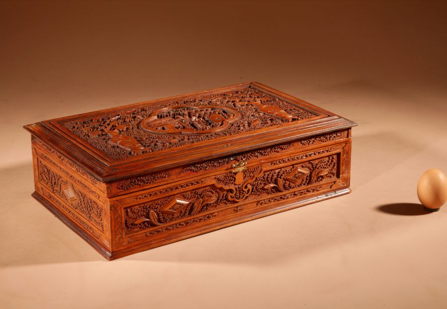 Antique  Chinese Canton Large Very Fine Carved Wooden Box Circa 1900