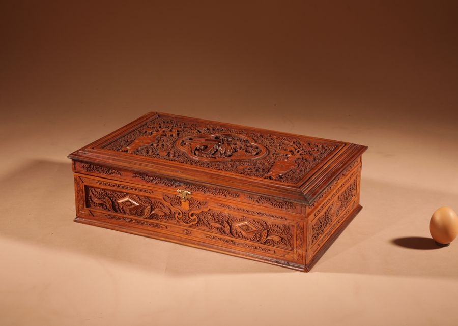 Antique  Chinese Canton Large Very Fine Carved Wooden Box Circa 1900