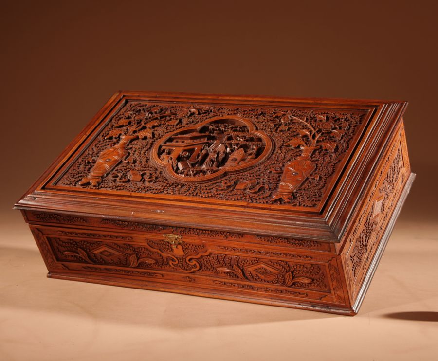 Antique  Chinese Canton Large Very Fine Carved Wooden Box Circa 1900