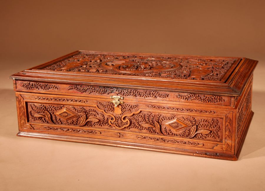 Antique  Chinese Canton Large Very Fine Carved Wooden Box Circa 1900