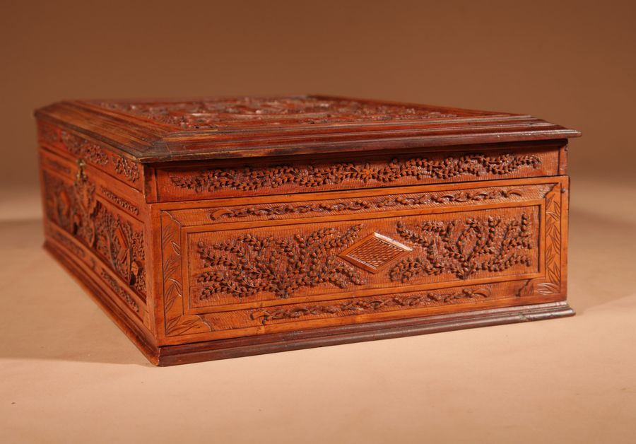 Antique  Chinese Canton Large Very Fine Carved Wooden Box Circa 1900