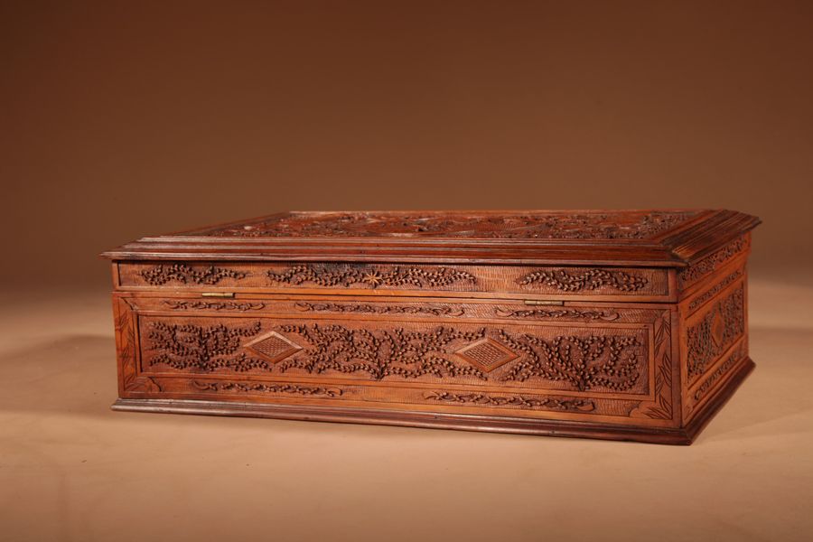 Antique  Chinese Canton Large Very Fine Carved Wooden Box Circa 1900