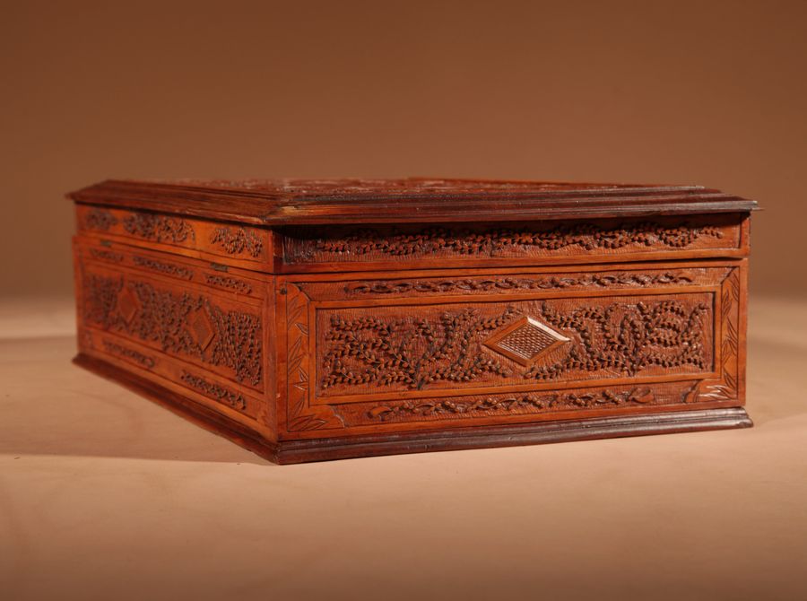 Antique  Chinese Canton Large Very Fine Carved Wooden Box Circa 1900