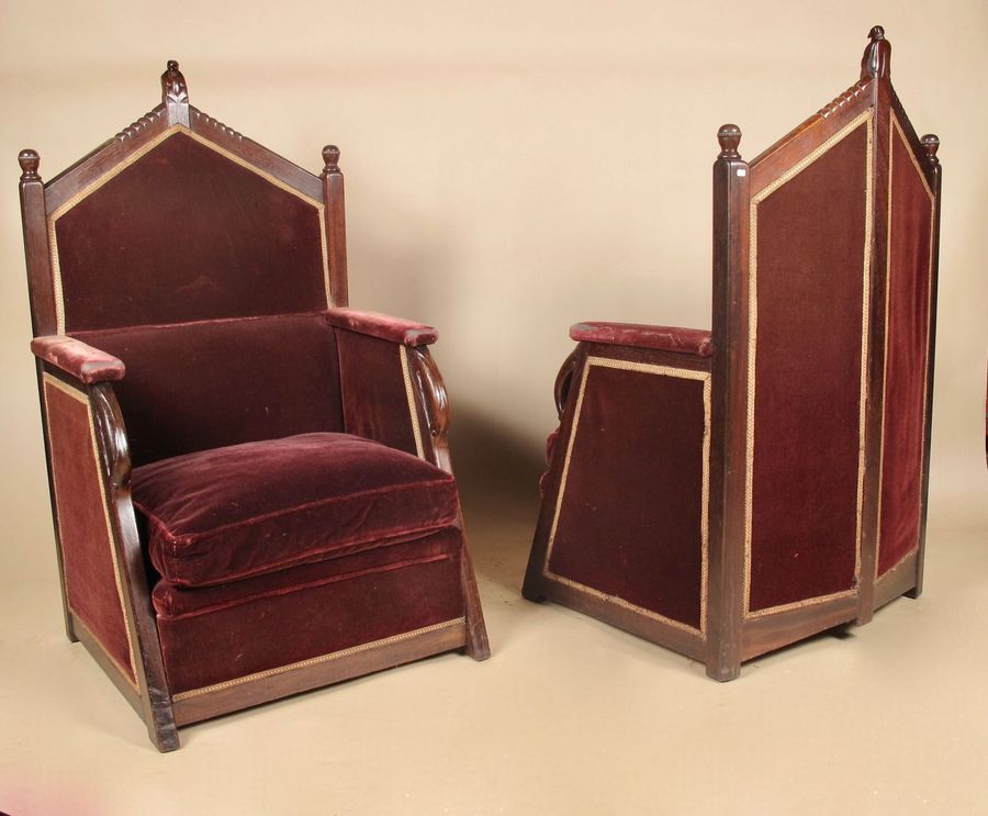 Antique Exceptional Dutch Amsterdam School Pair Of Jati Wood Throne Arm Chairs Signed Jacques van den Bosch 