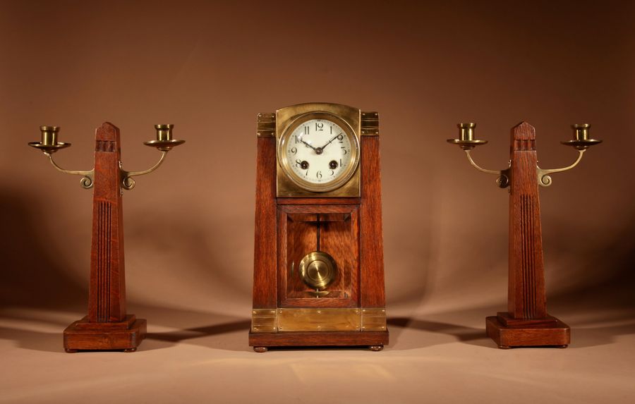 Antique Art Nouveau/Deco Gustav Serrurier-Bovy (1858-1910) A Rare Oak And Brass Clock Garniture, Circa 1900-10.