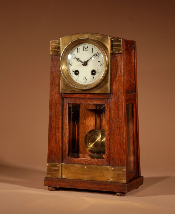 Antique Art Nouveau/Deco Gustav Serrurier-Bovy (1858-1910) A Rare Oak And Brass Clock Garniture, Circa 1900-10.