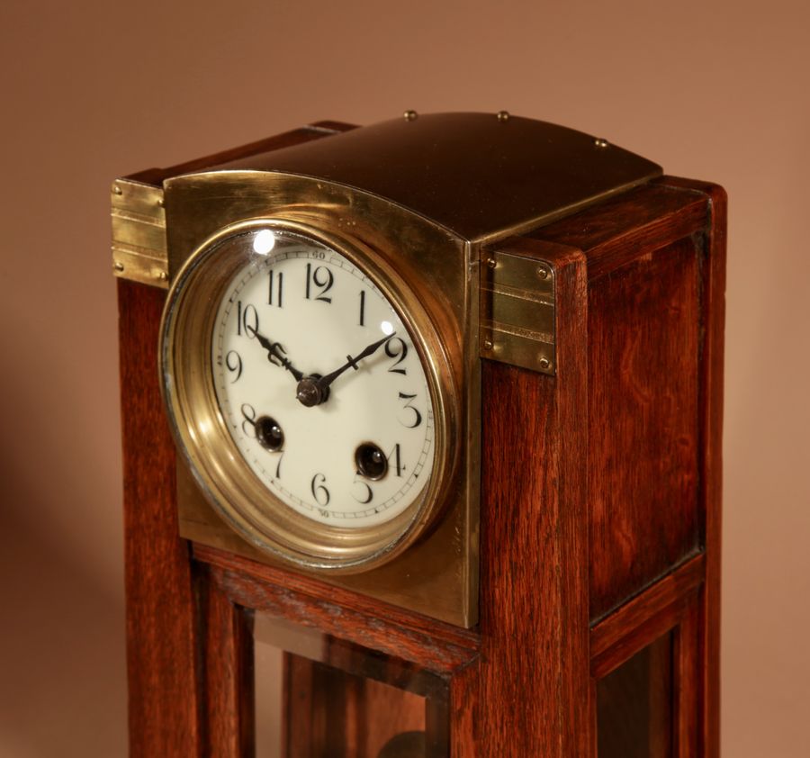 Antique Art Nouveau/Deco Gustav Serrurier-Bovy (1858-1910) A Rare Oak And Brass Clock Garniture, Circa 1900-10.