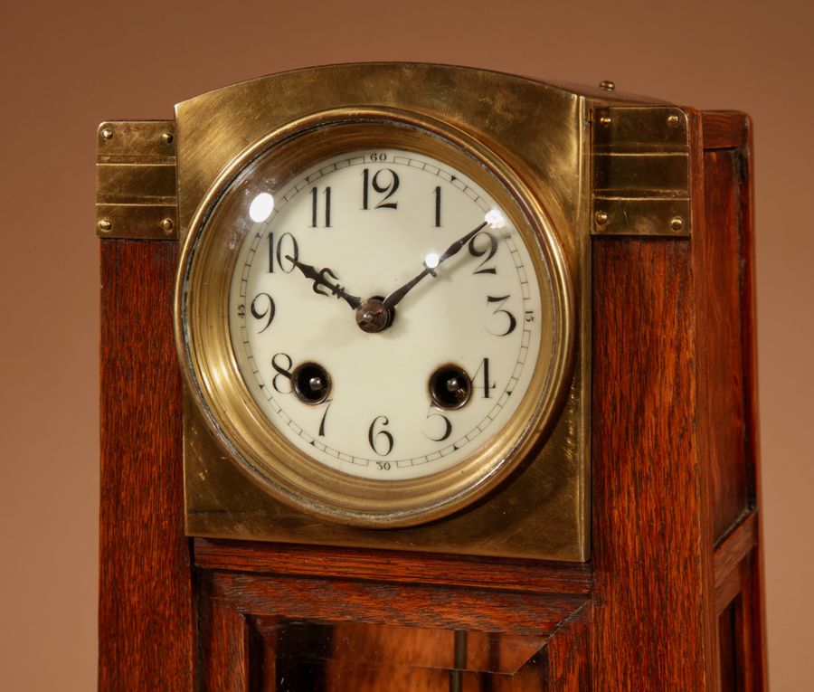 Antique Art Nouveau/Deco Gustav Serrurier-Bovy (1858-1910) A Rare Oak And Brass Clock Garniture, Circa 1900-10.