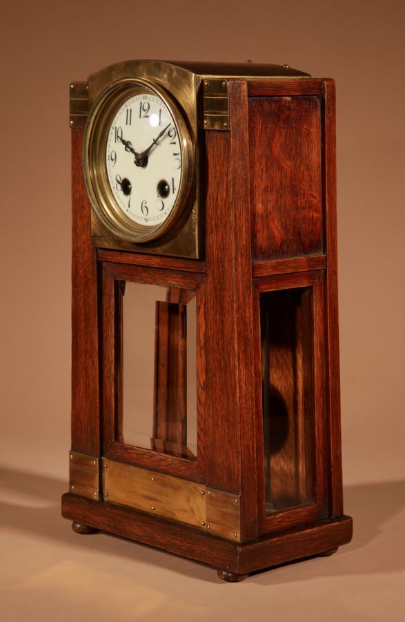 Antique Art Nouveau/Deco Gustav Serrurier-Bovy (1858-1910) A Rare Oak And Brass Clock Garniture, Circa 1900-10.