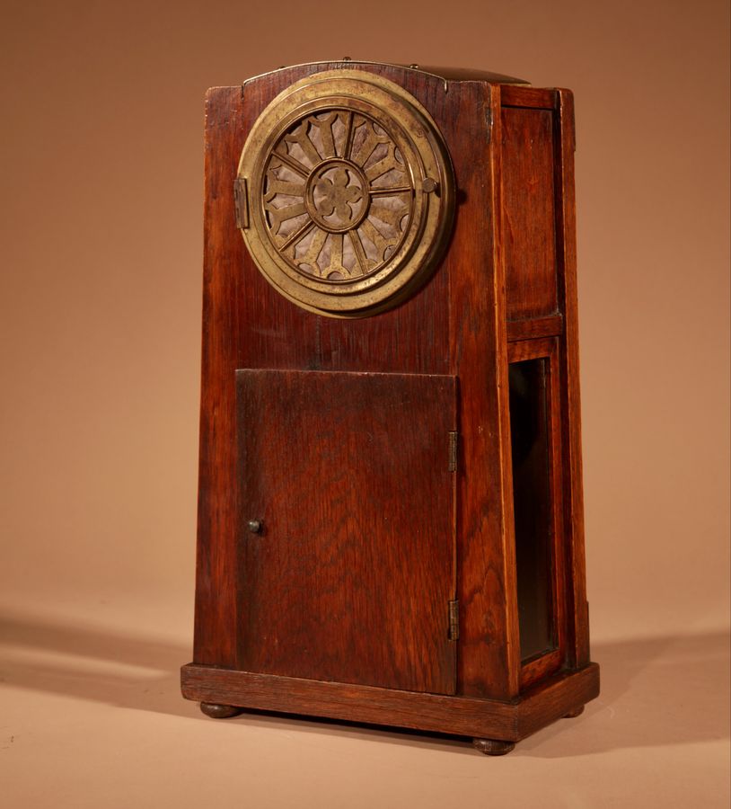 Antique Art Nouveau/Deco Gustav Serrurier-Bovy (1858-1910) A Rare Oak And Brass Clock Garniture, Circa 1900-10.