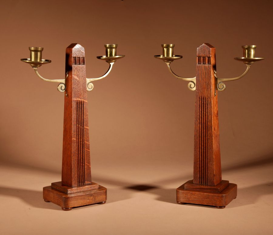 Antique Art Nouveau/Deco Gustav Serrurier-Bovy (1858-1910) A Rare Oak And Brass Clock Garniture, Circa 1900-10.