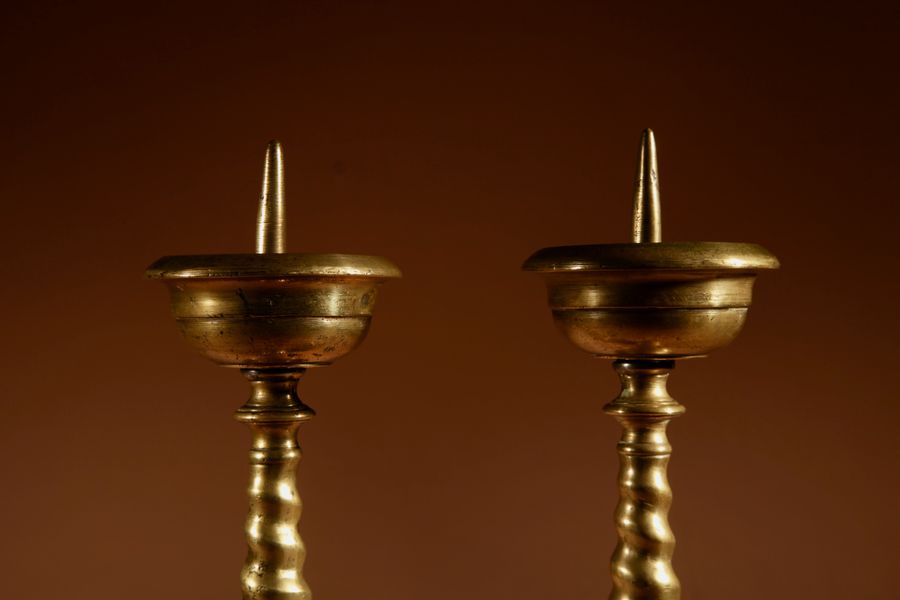 Antique A Real Pair Of Original Southern Netherlands (Flemish) Brass Pricket Candle Sticks Circa 1680.