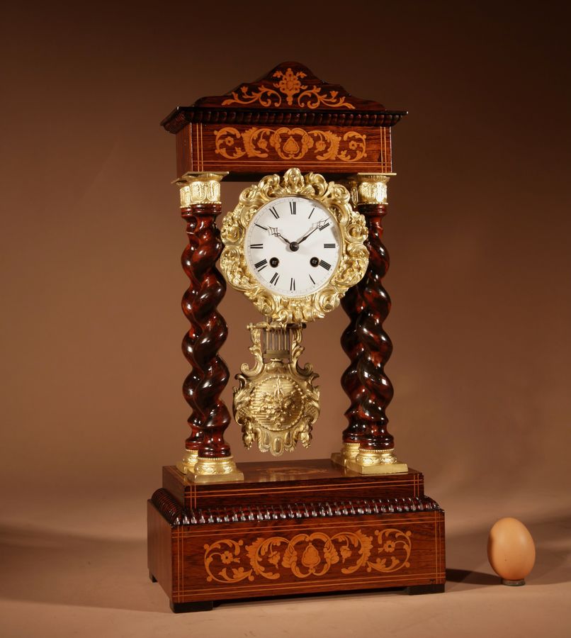 An Original Antique Rosewood and Lemon Wood Inlayed French Portico Clock Circa:1870