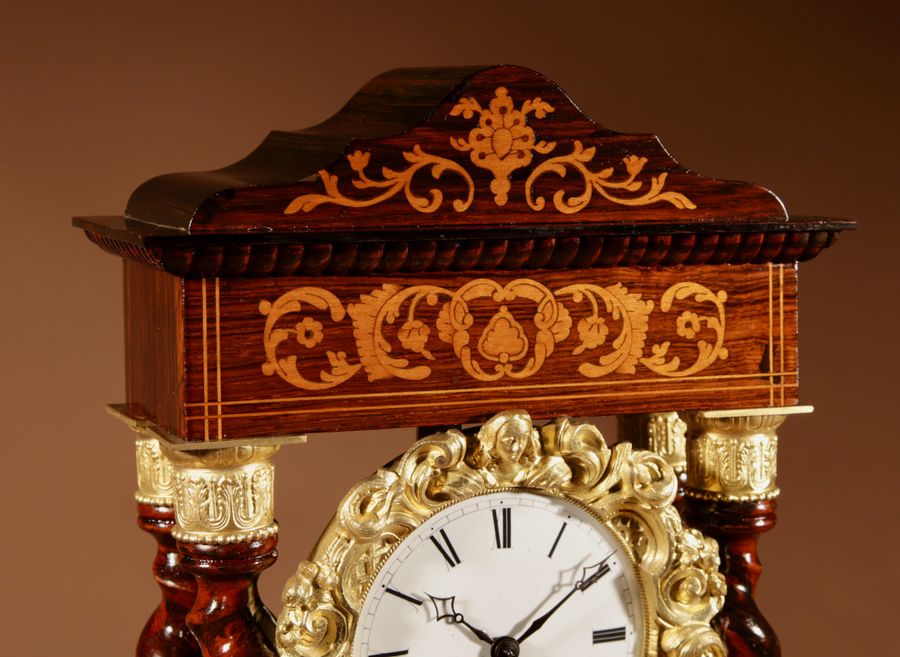 Antique An Original Antique Rosewood and Lemon Wood Inlayed French Portico Clock Circa:1870