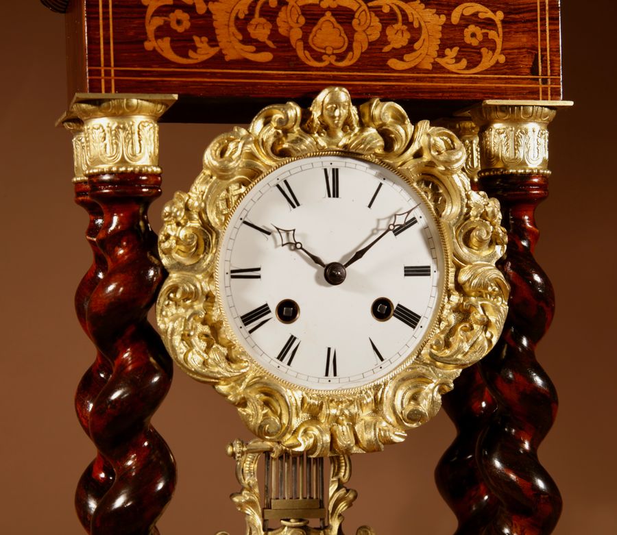 Antique An Original Antique Rosewood and Lemon Wood Inlayed French Portico Clock Circa:1870