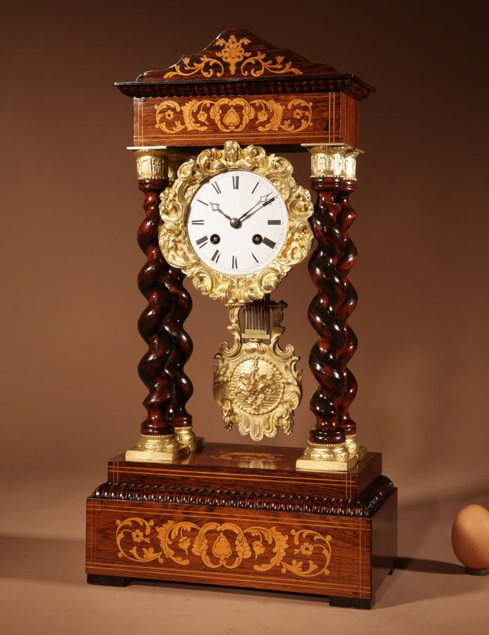 Antique An Original Antique Rosewood and Lemon Wood Inlayed French Portico Clock Circa:1870