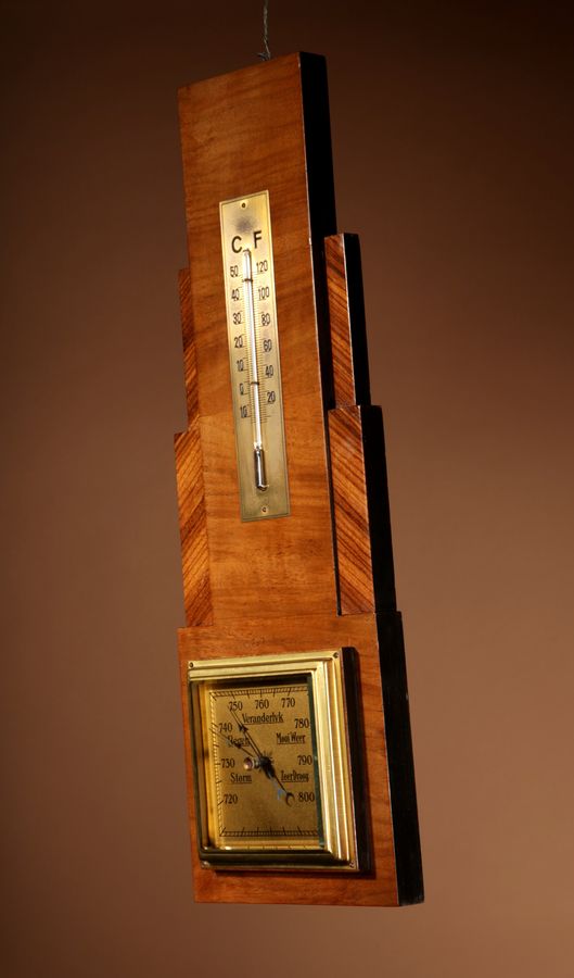 Antique  Art Deco Stylish Walnut And Rosewood Barometer.