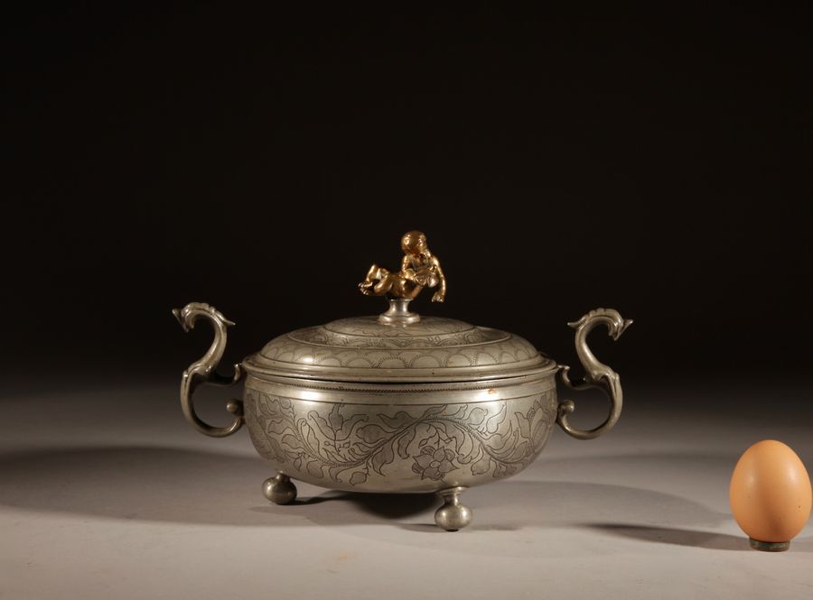 A Very Rare Pewter And Brass Birthing Bowl 18th Century.