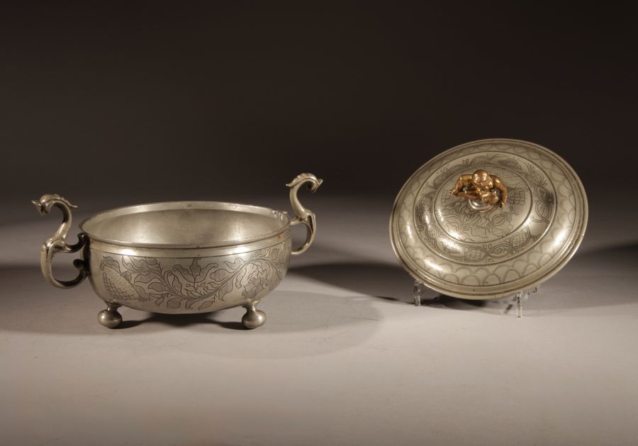 Antique A Very Rare Pewter And Brass Birthing Bowl 18th Century.