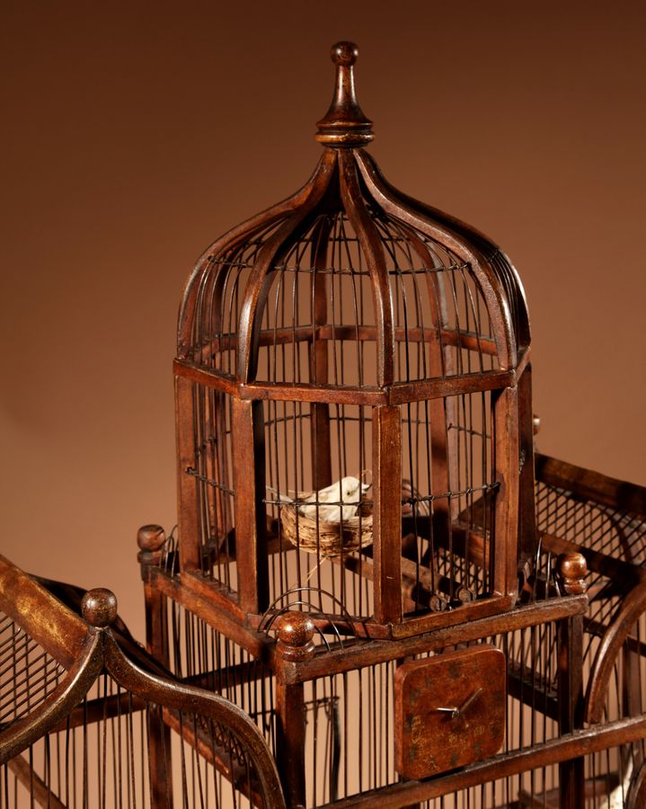 Antique Folk Art Unusual Wood And Iron Bird Cage In The Shape Of Church/ Country House.